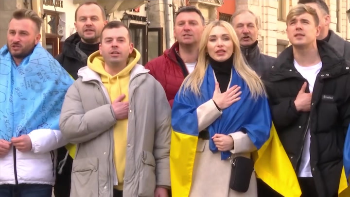 Ukrainian opera singers perform moving rendition of national anthem in Lviv | News