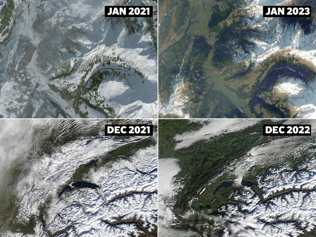 Satellite images of Alps show dramatic drop in snowfall that has shut ski resorts