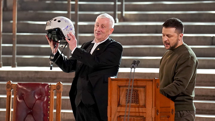 Zelensky presents Ukrainian pilot’s helmet to Speaker of Commons | News