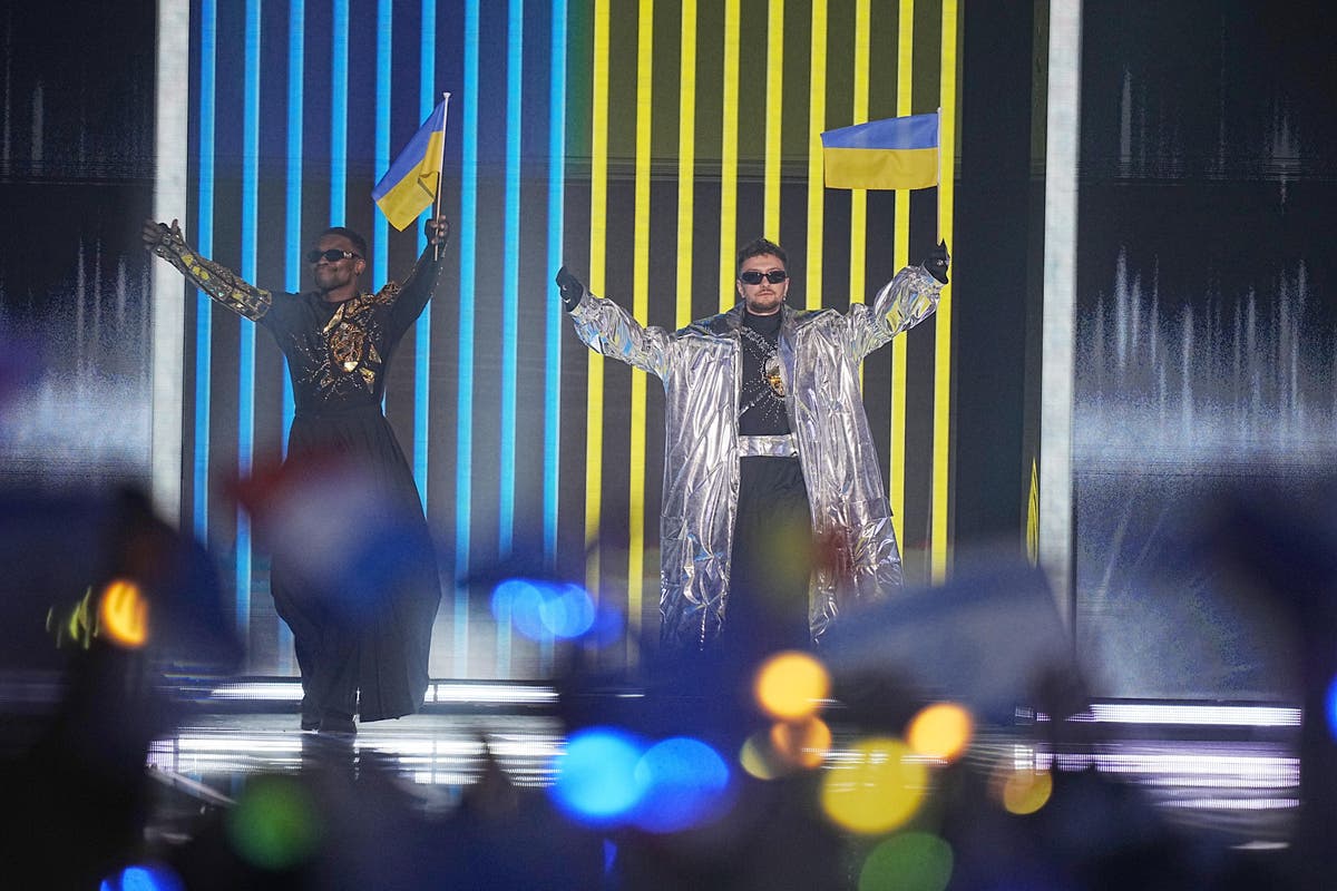 Tvorchi perform before sea of Ukrainian flags at Eurovision grand final